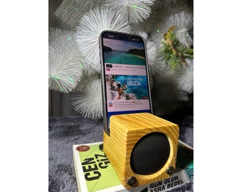Altavoz y soporte de madera para teléfono hechos a mano: amplificador acústico