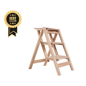 Handmade Wooden Folding Step Stool Ladder: Kitchen Library Decor