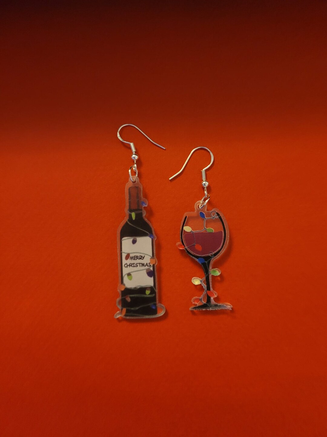 Christmas Wine and Wine Bottle Funny Festive Earrings, Mulled Wine, Red