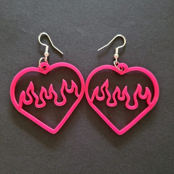 Flame Fire Heart Earrings Neon Pink, Barbie Esq,