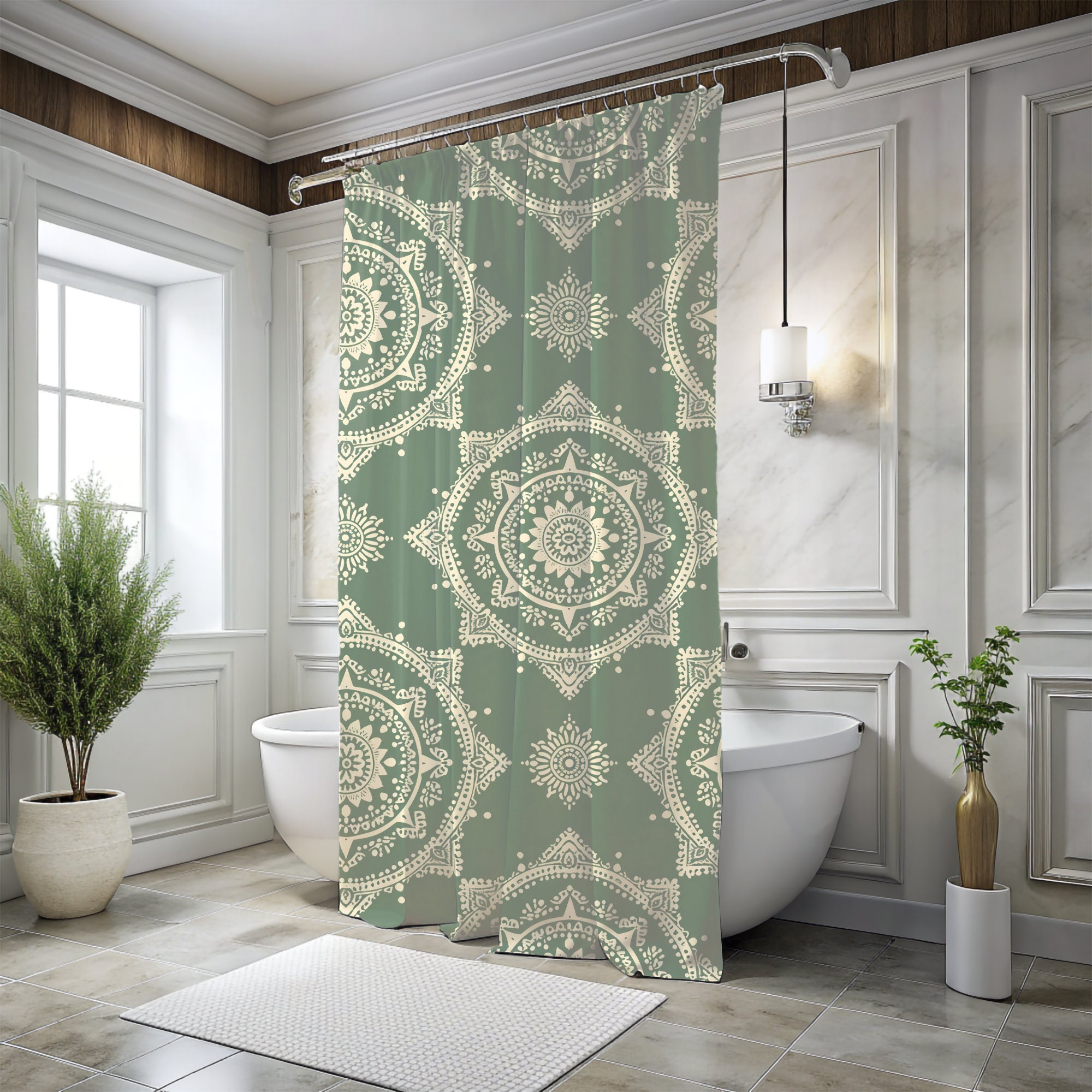 Sage Green Boho Shower Curtain, Unique and Decorative Bathtub Curtain