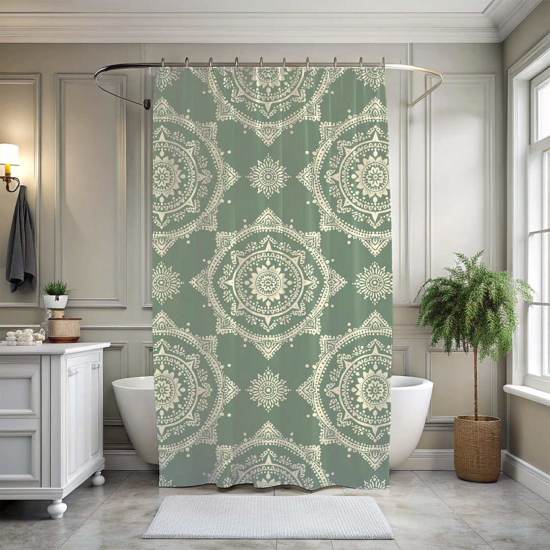 Sage Green Boho Shower Curtain, Unique and Decorative Bathtub Curtain