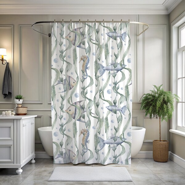 Cute Fish Bathroom Shower Curtain, Coastal Bath Decor, Seahorse Beach Themed Gifts, Custom curtains, Nature Inspired Bathroom Accessories