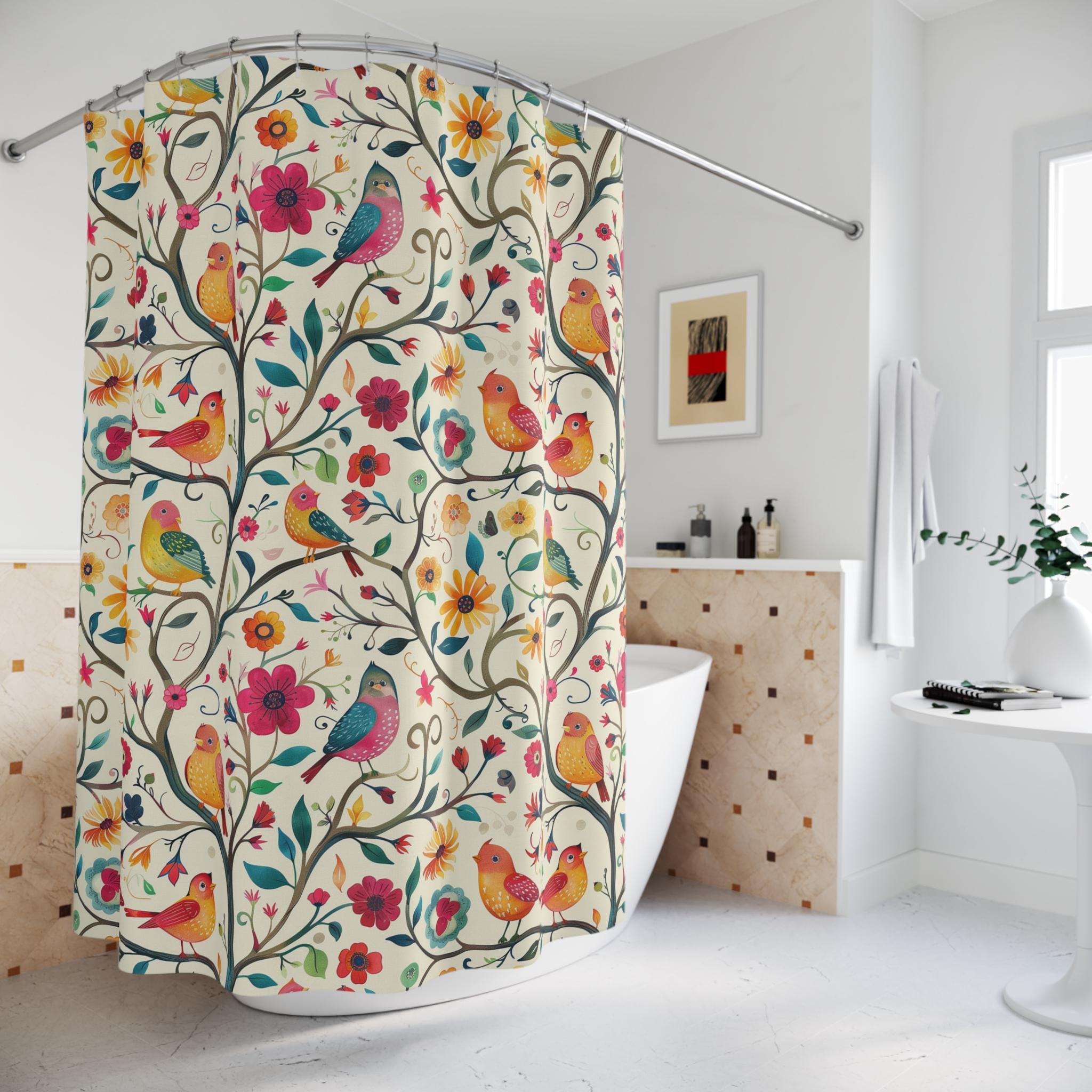 Custom Folk Art Shower Curtain - Colorful Birds and Floral Design, Nature Inspired Fabric, Unique Bath Decor, Country Aesthetic Farmhouse