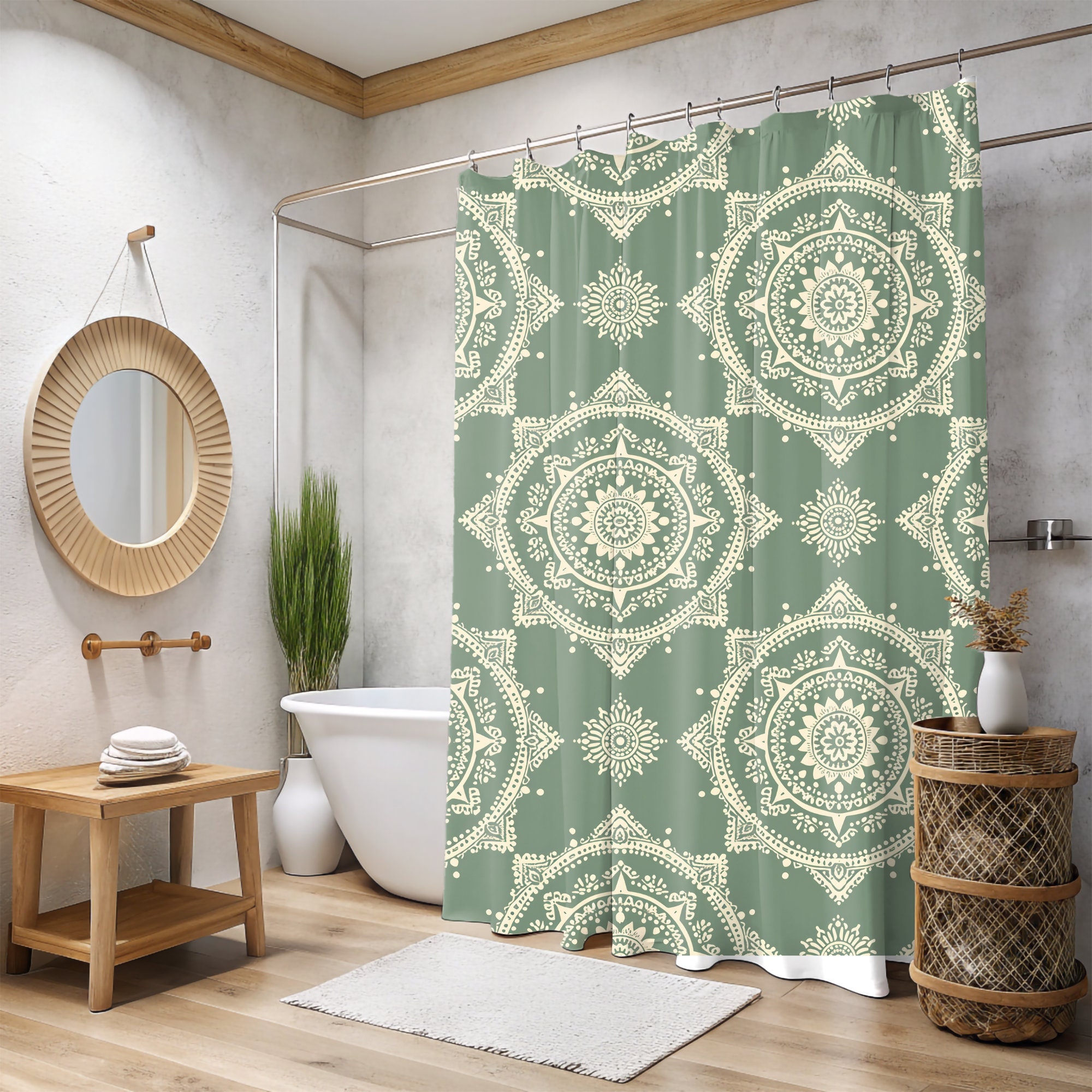 Sage Green Boho Shower Curtain, Unique and Decorative Bathtub Curtain ...