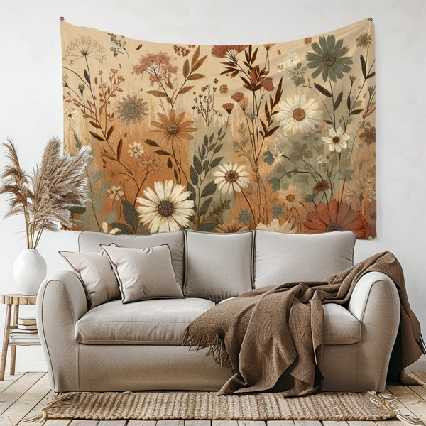 Fleurs bohèmes : tapisserie murale marron - oeuvre d'art murale nature tendance pour une ambiance chalet bohème - cadeau parfait pour les amateurs de plantes et décoration de chambre de fille