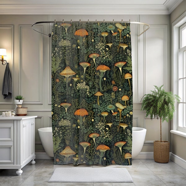 Dark Cottagecore Mushroom Shower Curtain - Great Gift Ideas for Academia Home, College Apartment - Gothic Aesthetic Maximalist Bathroom