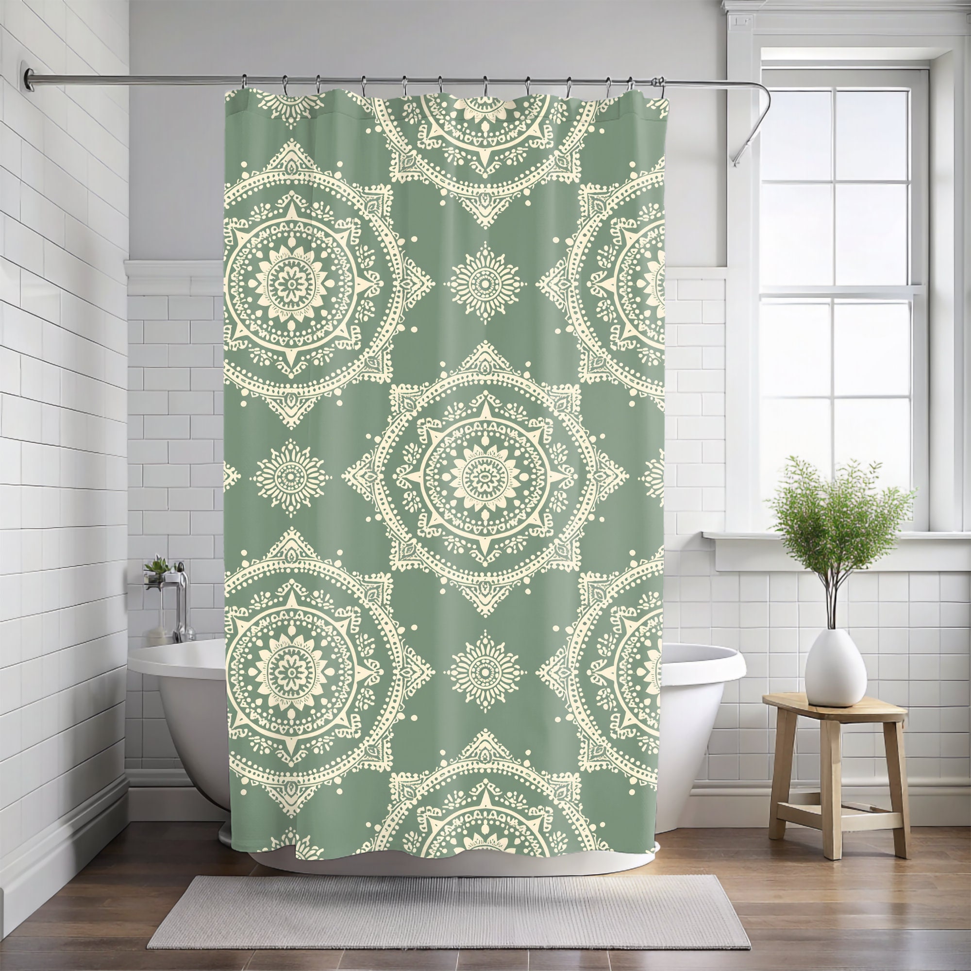 Sage Green Boho Shower Curtain, Unique and Decorative Bathtub Curtain