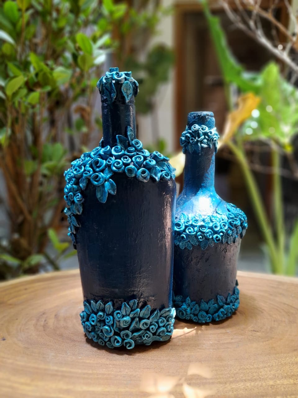 Clay Glass Art glass Bottle Home Decor hand Made Floral Clay Art