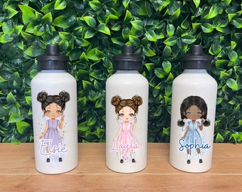 May include: Three white water bottles with black lids and personalized designs. Each bottle features a cartoon girl with brown hair and a different colored dress. The names Elsie, Layla, and Sophia are printed on the bottles.
