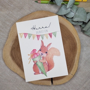 Karte zur Einschulung | Schulkind | Schulanfang | Postkarte Schulstart | süßes Eichhörnchen mit Schultüte | Hurra! Endlich Schulkind