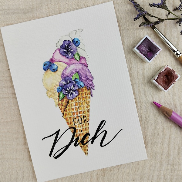 Postkarte Eistüte „Für Dich“ | Sommerkarte | Glückwunschkarte | Grußkarte mit handgemaltem Aquarell-Motiv | Aquarell-Postkarte | Sommergrüße