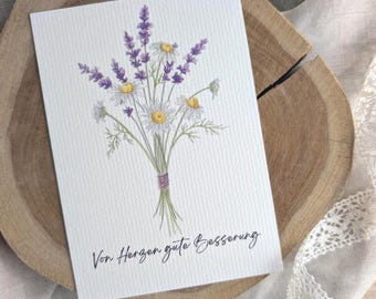 Postkarte Genesung | Von Herzen gute Besserung | Genesungskarte | Genesungswünsche | Gute Besserung wünschen | Lavendel und Kamille | DIN A6