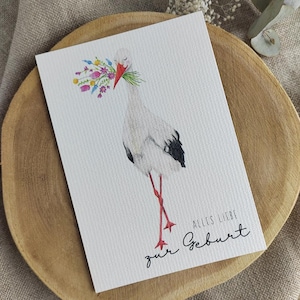 Glückwunschkarte zur Geburt mit Storch & Blumenstrauß | Neutrale Babykarte DIN A6 | Hochwertige Postkarte optional mit Kraftpapier Umschlag