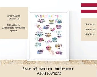 Affirmationer för barn, utskrivbara material på tyska, positiva affirmationer, posters för barnrum