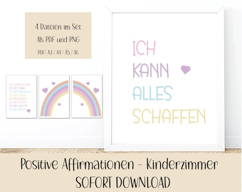 Set med 3 affirmationer för barn, DIY barnrumsinredning, posters för barn, tyska affirmationer