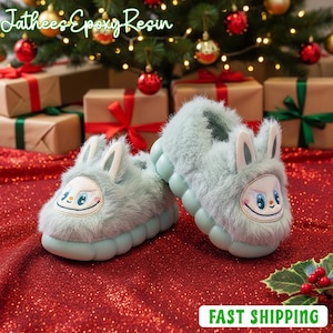 Bunny Fluffy Kids Slippers, Cute Animal Face Warm Indoor Shoes, Cozy Non-Slip Christmas Gift