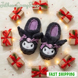 Kuromi Sanrio Fluffy Slippers, Cute Cartoon Anti-Slip House Shoes, Cozy Winter Fan Gift