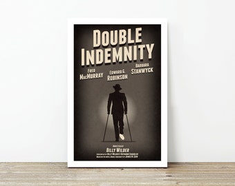 Op de afbeelding: Een vintage filmposter voor de film "Dubbele Verzekering" met een silhouet van een man die met krukken loopt. De poster is in zwart-wit met een donkergrijze achtergrond. De titel "Dubbele Verzekering" staat in grote, vetgedrukte, witte letters. De namen van de acteurs staan onder de titel: Fred MacMurray, Edward G. Robinson en Barbara Stanwyck. De regisseur, Billy Wilder, wordt onderaan de poster genoemd.