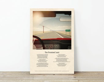 May include: A vintage-style poster featuring a car driving down a long, straight road with a sign that reads "Rockbridge County Line". The poster includes the lyrics to the song "The Promised Land" by Chuck Berry.