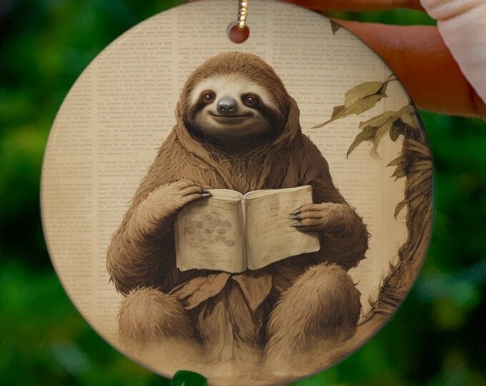 HAPPY SLOTH READING Ornament, Sloth Christmas Ornament, Sloth Holiday Accessory, Sloth Lover Christmas Ornament