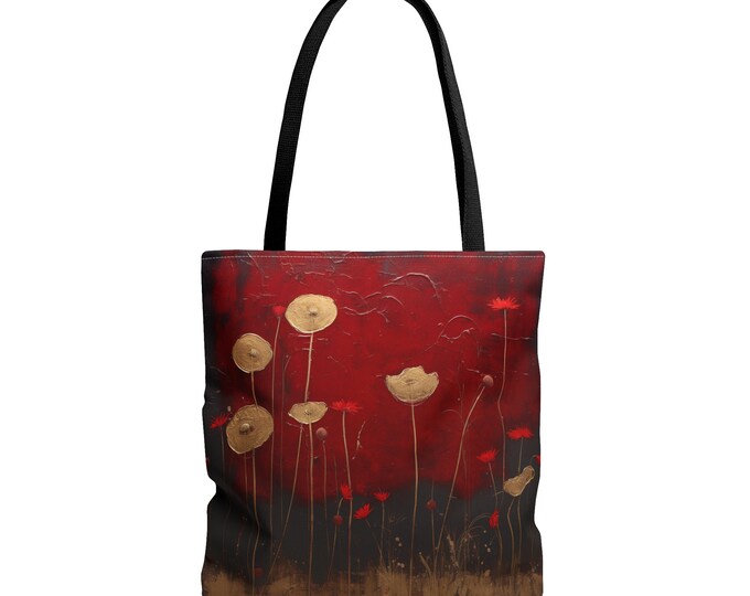 RED TOTE BAG (18 x 18), Red Flower Tote, Red Boho Tote, Fairycore Tote, Wildflower Market Bag, Wildflower Reusable Bag, Cottagecore Tote