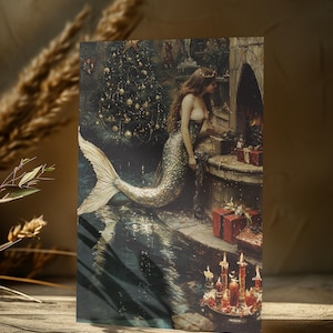 Postal navideña de sirena vintage (10 x 15 cm), tarjeta navideña de Mermaidcore, postal navideña caprichosa, tarjeta navideña de sirena, regalo navideño mágico