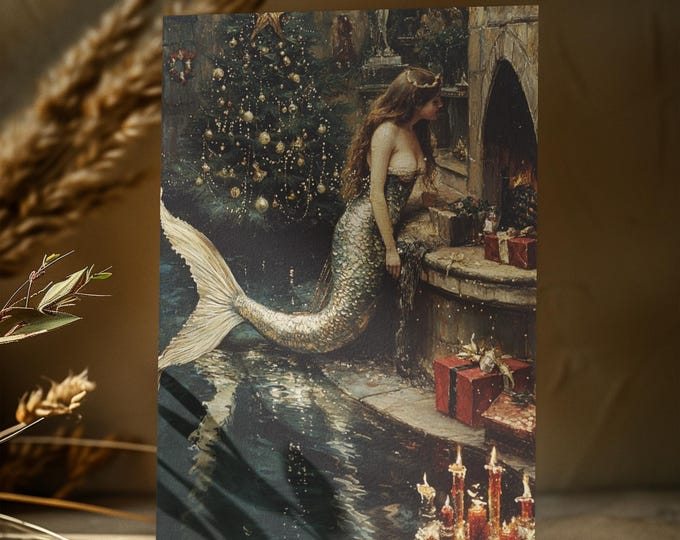 VINTAGE CHRISTMAS MERMAID Postcard (4 x 6), Mermaidcore Christmas Card, Whimsical Holiday Postcard, Mermaid Christmas Card Magical Xmas Gift