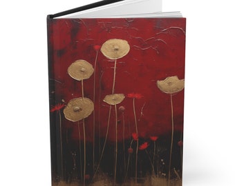 May include: A red and black journal cover with a painting of gold flowers on a red background.
