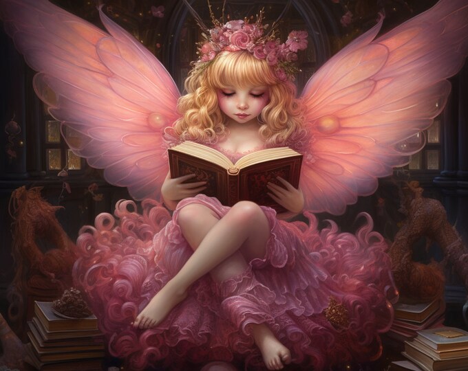 PINK FAIRY READING Sticker, Girls Sticker, Fairy Sticker Magical Sticker, Enchanting Sticker, Charming Sticker, Fairycore Sticker Gift