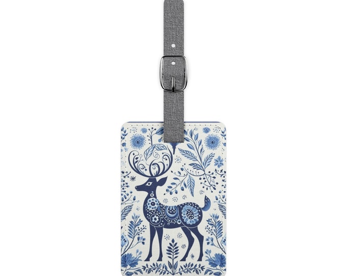 SCANDINAVIAN LUGGAGE TAG, Folk Art Luggage Tag, Blue Luggage Tag