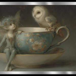 May include: A whimsical illustration features a fairy with delicate wings perched on a large teacup. An owl sits on the teacup's rim. The teacup and saucer are light blue with floral designs. The fairy is light blue and the owl is white and brown.