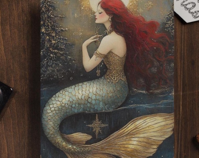 MERMAID CHRISTMAS POSTCARD, Mermaid Holiday Card, Mermaid Postcard, Enchanted Christmas Card, Fantasy Christmas Card, Vintage Gift for Her
