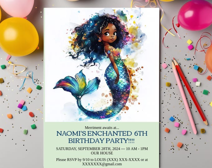 DIY AFRICAN AMERICAN Mermaid Editable Birthday Invite Template 5x7 Black Girl Magic Birthday Card Template Mermaid Editable Invite download