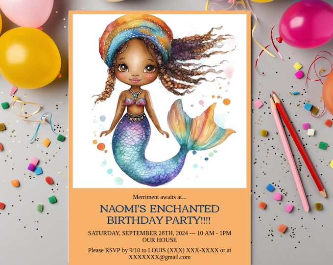 Mermaid Birthday Invite Black Girl Magic Editable Party Invite Melanin Mermaid Party Evite Girls Birthday Evite African American Invite