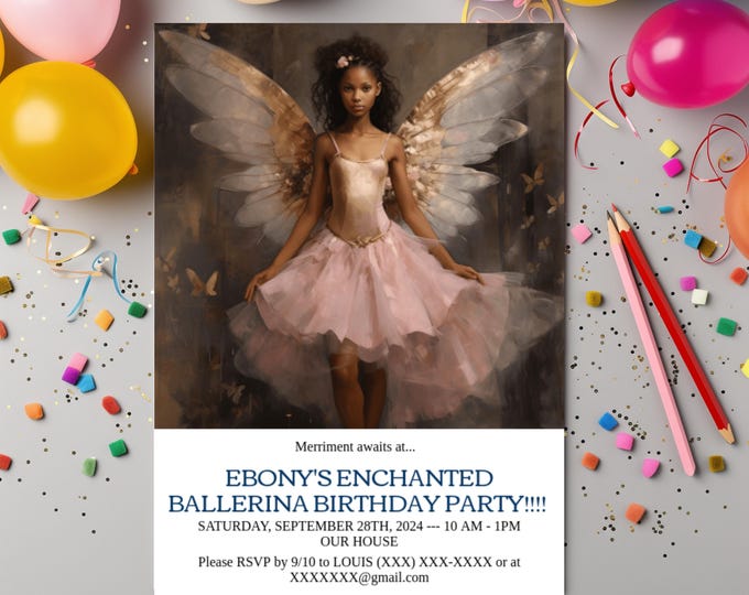 Fully Customizable FAIRY BALLERINA Birthday Card DIY Fairy Invitation African American Ballerina Invite Melanin Magic Editable Evite 5x7