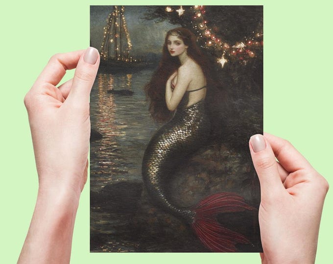 MERMAID CHRISTMAS POSTCARD Mermaidcore Holiday Card Mermaid Holiday Card Whismcal Postcard Whimsical Christmas Card Fairycore Gift for Her