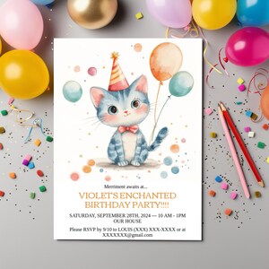 Invitation d'anniversaire de chaton mignon bricolage, invitation personnalisable, carte 5 x 7 cartes d'invitation d'anniversaire pour filles, fête des amoureux des chats, fille arc-en-ciel