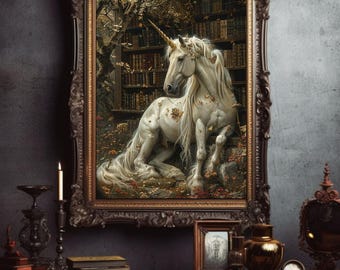 May include: A white unicorn with a gold horn sits in a forest setting surrounded by bookshelves filled with books. The unicorn is adorned with autumn leaves and is surrounded by fallen leaves.