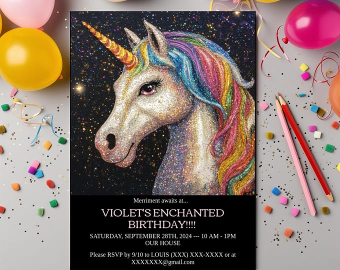 UNICORN BIRTHDAY DIY Invite | Unicorn Party Invitation | Kids Customizable Invite, Glittery Unicorn Birthday Invite Unicorn Digital Birthday