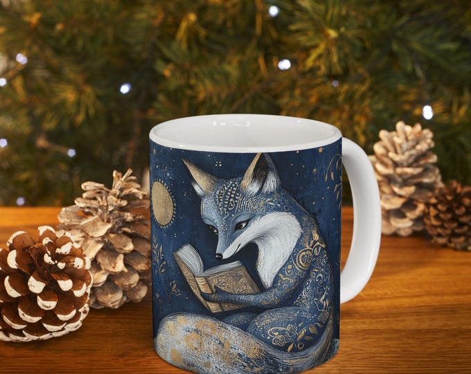 Night Fox Reading Mug (11 oz), Fox Mug, Gift for Readers. Gift for Him, Whimsical Mug, Fantasy Mug, Book Lover Gift, Fairytale Mug, Fantasy