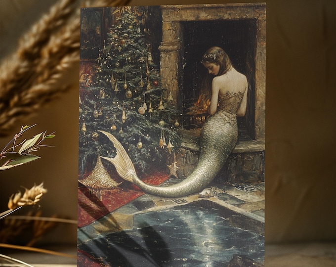 VINTAGE CHRISTMAS MERMAID Postcard (4 x 6), Mermaidcore Christmas Card, Whimsical Holiday Postcard, Mermaid Christmas Card Magical Xmas Gift