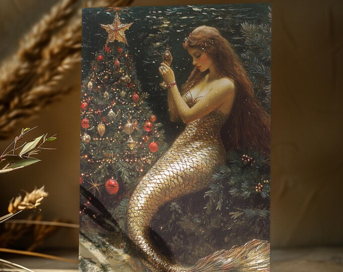 MERMAID CHRISTMAS POSTCARD, Mermaid Christmas Card, Fantasy Christmas Card, Fairytale Christmas Card Mermaid Holiday Card, Gift for Her