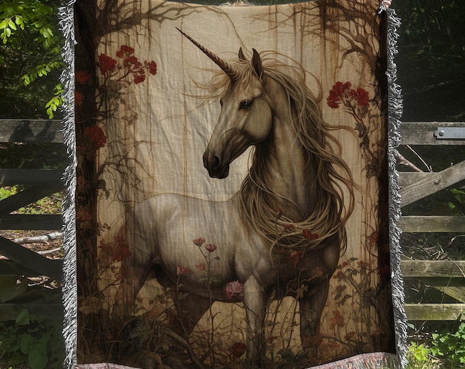 UNICORN TAPESTRY Woven BLANKET (3zs) -- A3, Unicorn Blanket Fairytale Blanket, Unicorn Tapestry, Fairytale Tapestry, Fairytale Home Decor