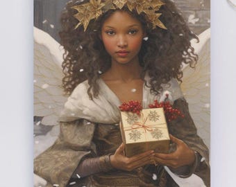 May include: A young woman with brown curly hair and a golden leaf crown holds a wrapped gift box with a red bow and snowflakes. She is wearing a white dress with a brown belt and a brown jacket. The background is a snowy scene.