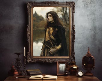 May include: A framed portrait of a person in a dark forest setting. The person is wearing a dark cloak and armor with gold accents. The portrait is in a dark wooden frame with ornate details.