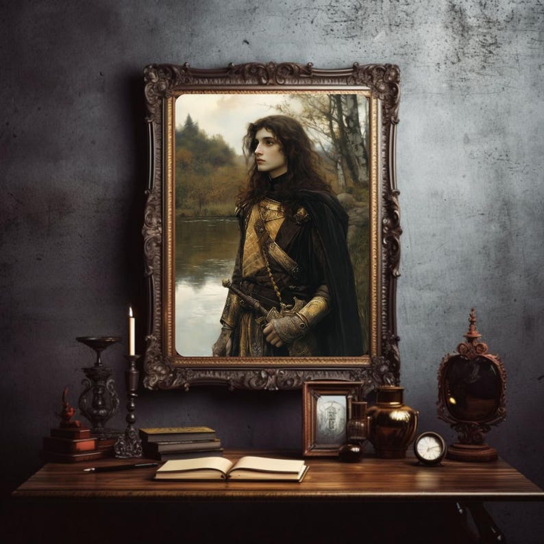 May include: A framed portrait of a person in a dark woodland setting. The person is wearing a dark cloak and armour with gold accents. The portrait is in a dark wooden frame with ornate details.