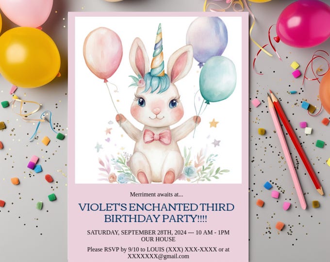 RAINBOW RABBIT DIY Editable Birthday Card Customizable Card Girl's Birthday Invite Girls Birthday Evite Girls First Birthday Invite Canva