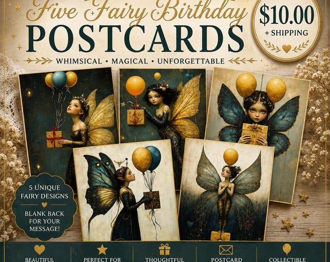 Five Fairy Birthday Postcards Set | Whimsical Fantasy Postcards | Fairy Art Postcard Pack | Magical Birthday Mail | Collectible Fairy Prints