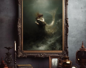 Gothic MERMAID FANTASY PRINT, Mermaid Art, Fairytale Art Print, Fantasy Art, Mermaidcore print Goblincore art Medieval Print, Gift for Her